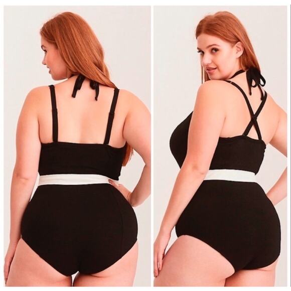 Torrid Vixen Textured Push Up Halter Black & White NWT One Piece Swimsuit 1X - Picture 2 of 11